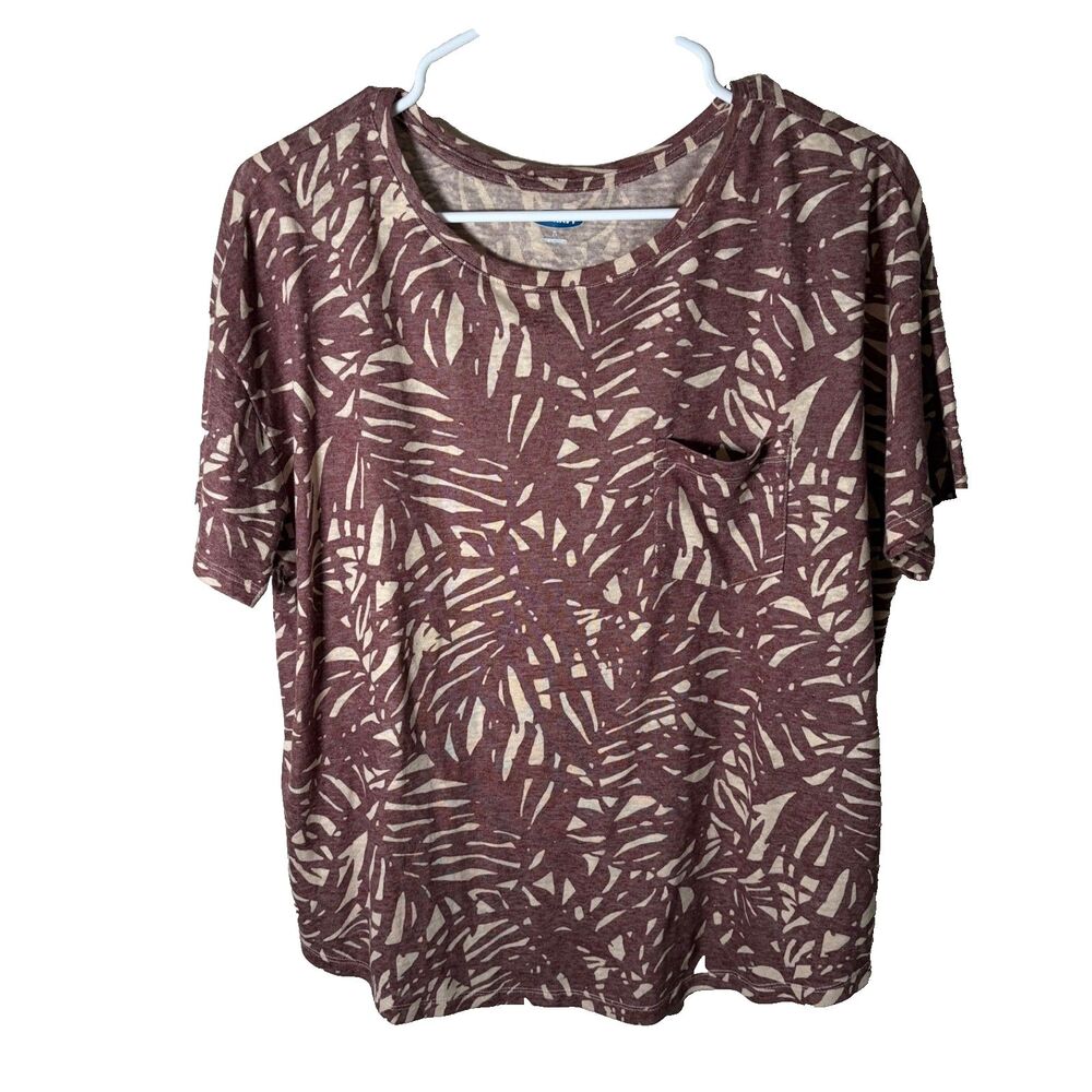 Old Navy T-Shirt Women's Large Brown Printed Linen Blend Short Sleeve Top